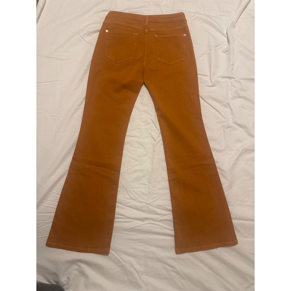 Womens Burnt Orange Flare Leg Patch Pocket Jeans Stretch Denim Bell Bottoms